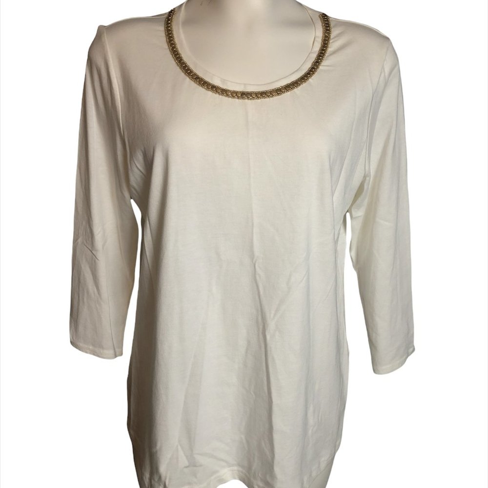 Cream 3/4 sleeve with gold  beaded trim neck